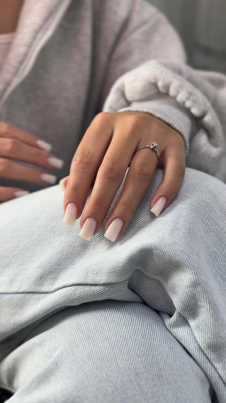 Pink ombre square nails on denim